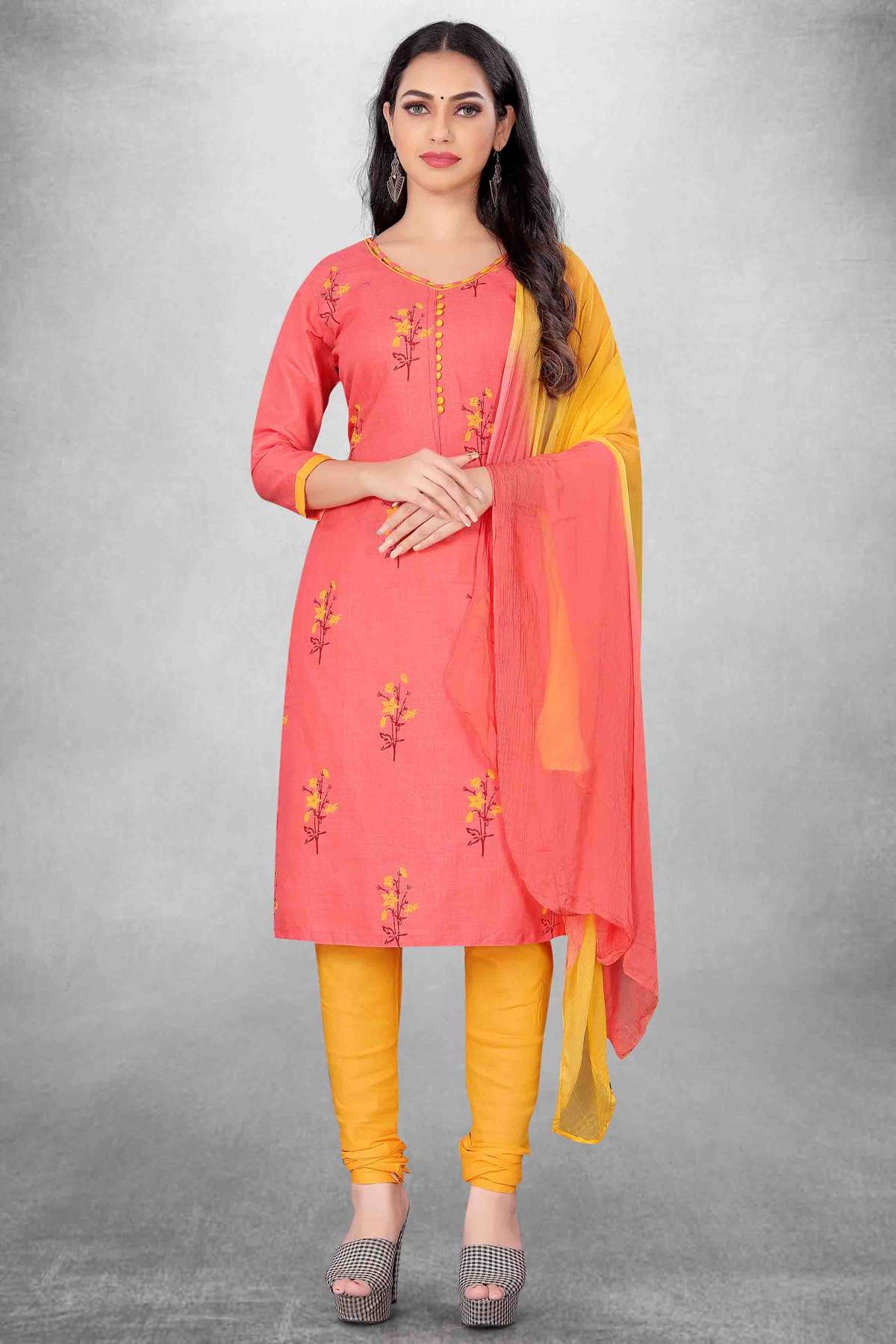 Unstitched Cotton Slub Printed Churidar Suit In Peach Colour - US3234407