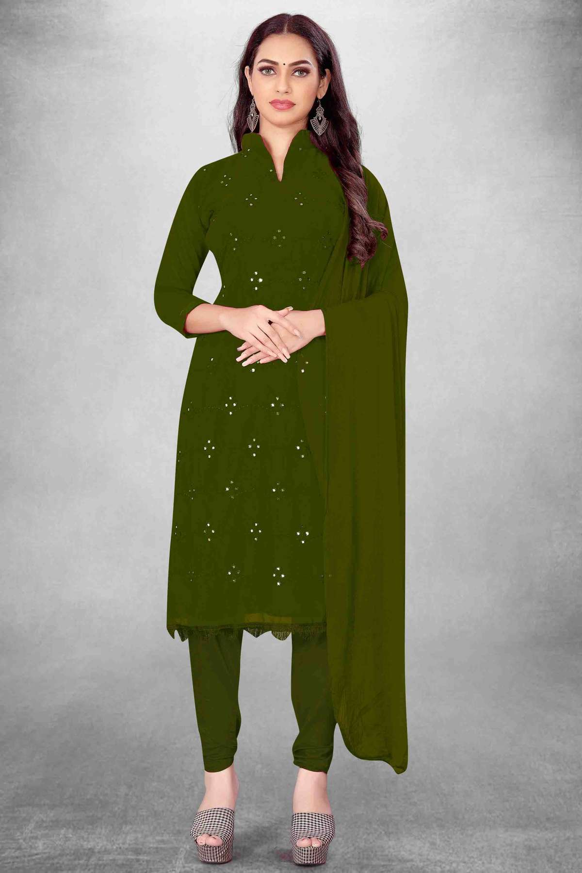 Unstitched Georgette Embroidery Churidar Suit In Mehendi Green Colour - US3234471