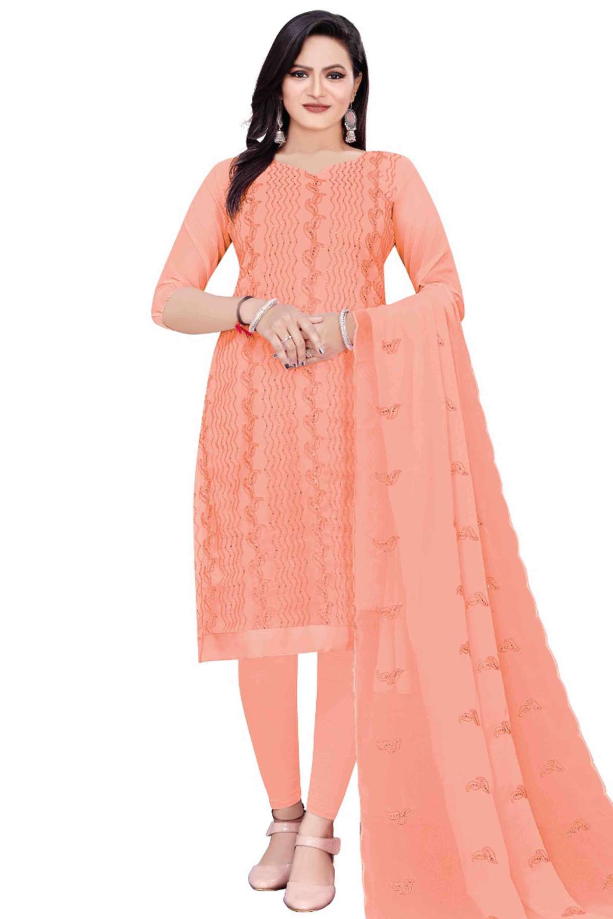 Unstitched Georgette Embroidery Churidar Suit In Peach Colour - US3234355