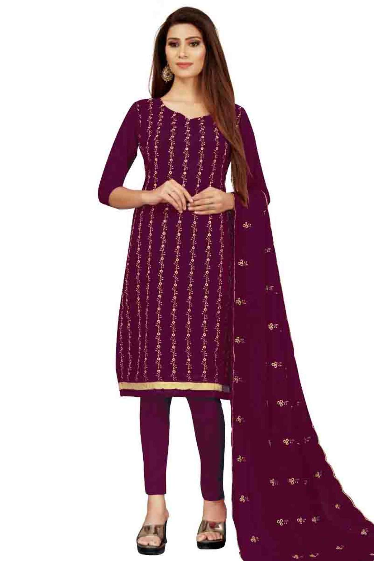 Unstitched Georgette Embroidery Churidar Suit In Purple Colour - US3234377
