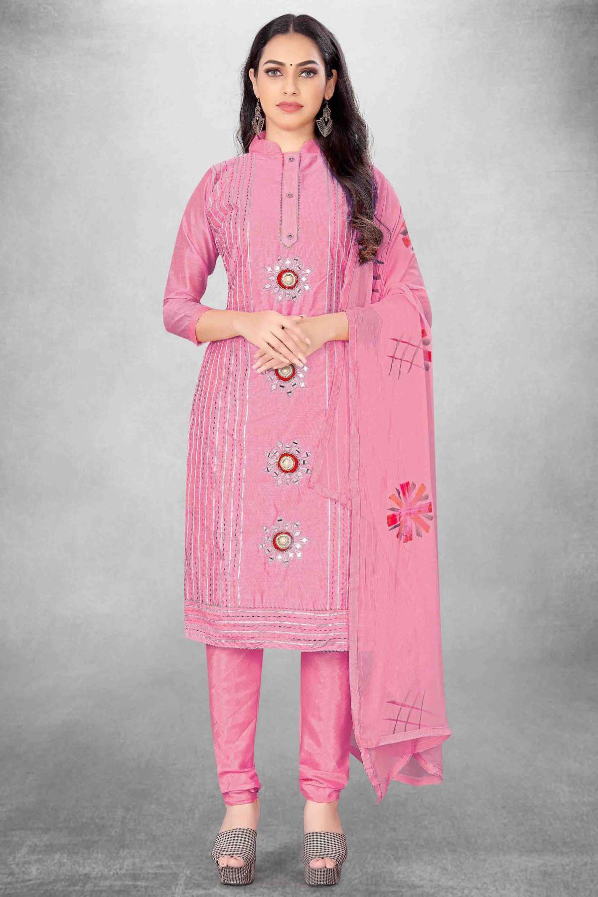 Unstitched Modal Cotton Embroidery Churidar Suit In Pink Colour - US3234464