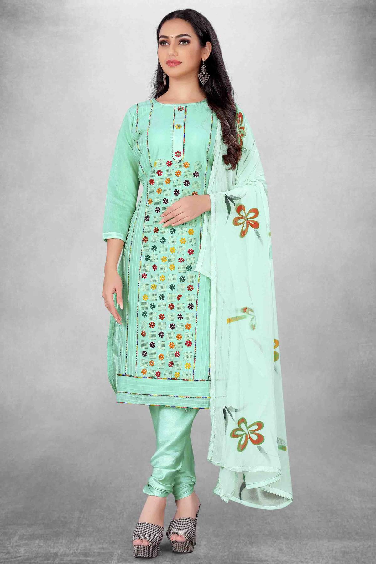 Unstitched Modal Cotton Embroidery Churidar Suit In Sea Green Colour - US3234456