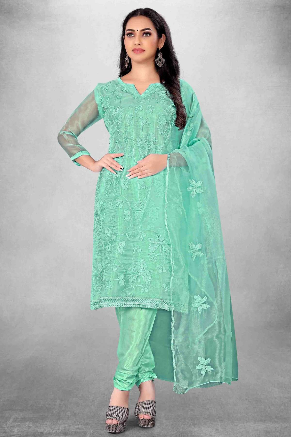 Unstitched Organza Embroidery Churidar Suit In Sea Green Colour - US3234444