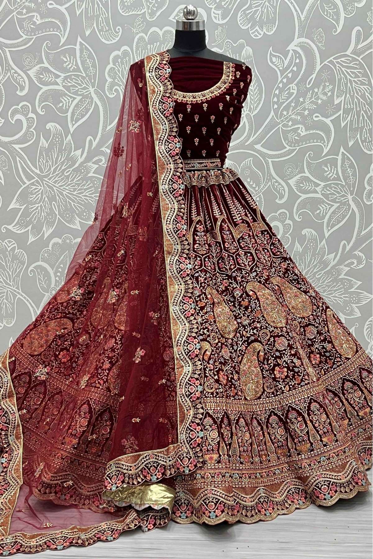 Velvet Embroidery Lehenga Choli In Maroon Colour - LD5416183
