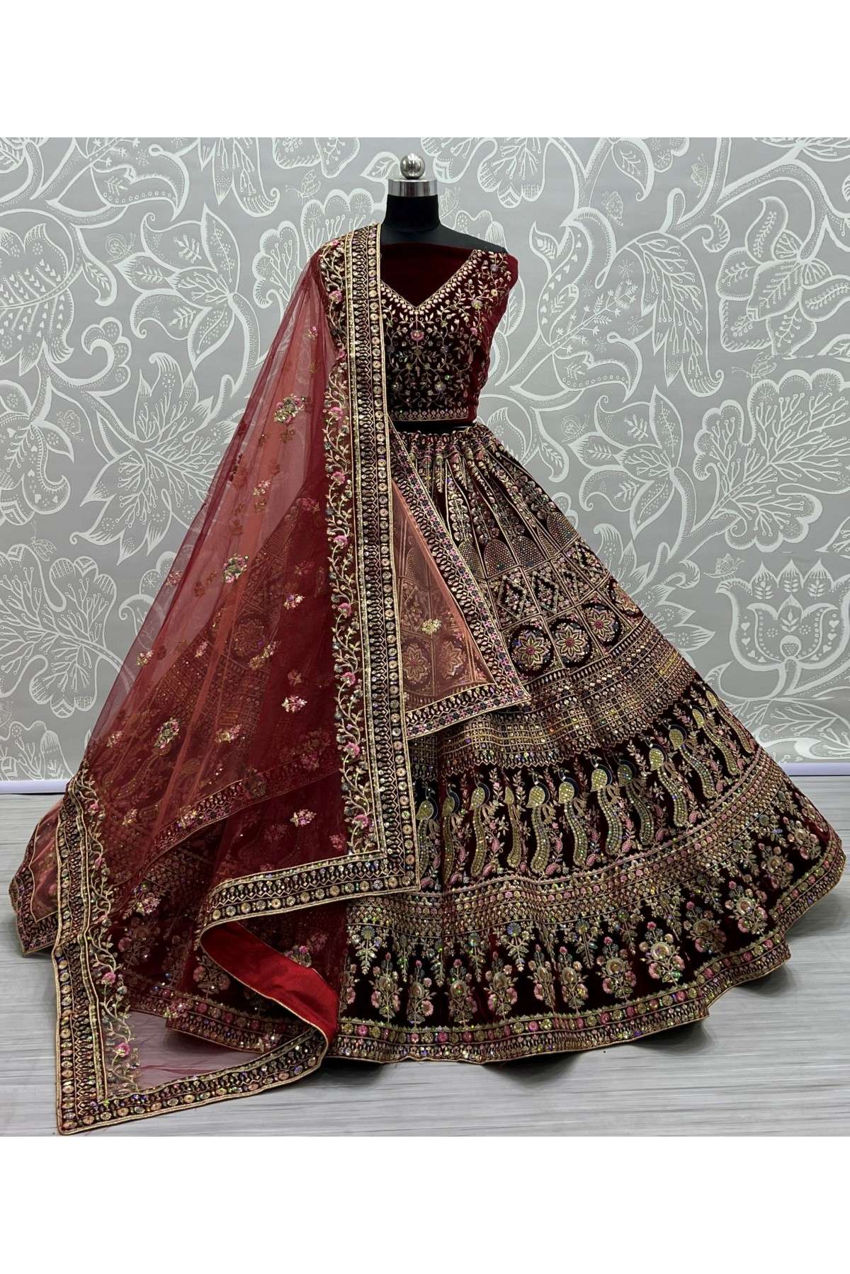 Velvet Embroidery Lehenga Choli In Maroon Colour - LD5416185