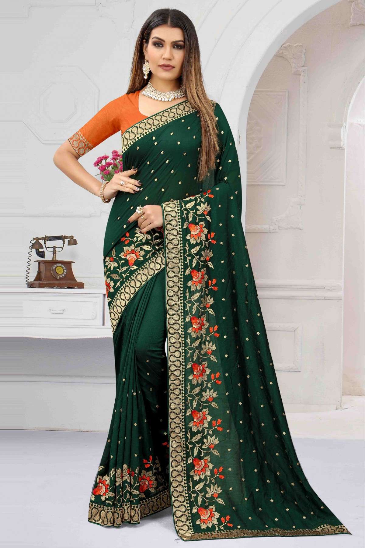 Vichitra Silk Embroidery Saree In Green Colour - SR1543780
