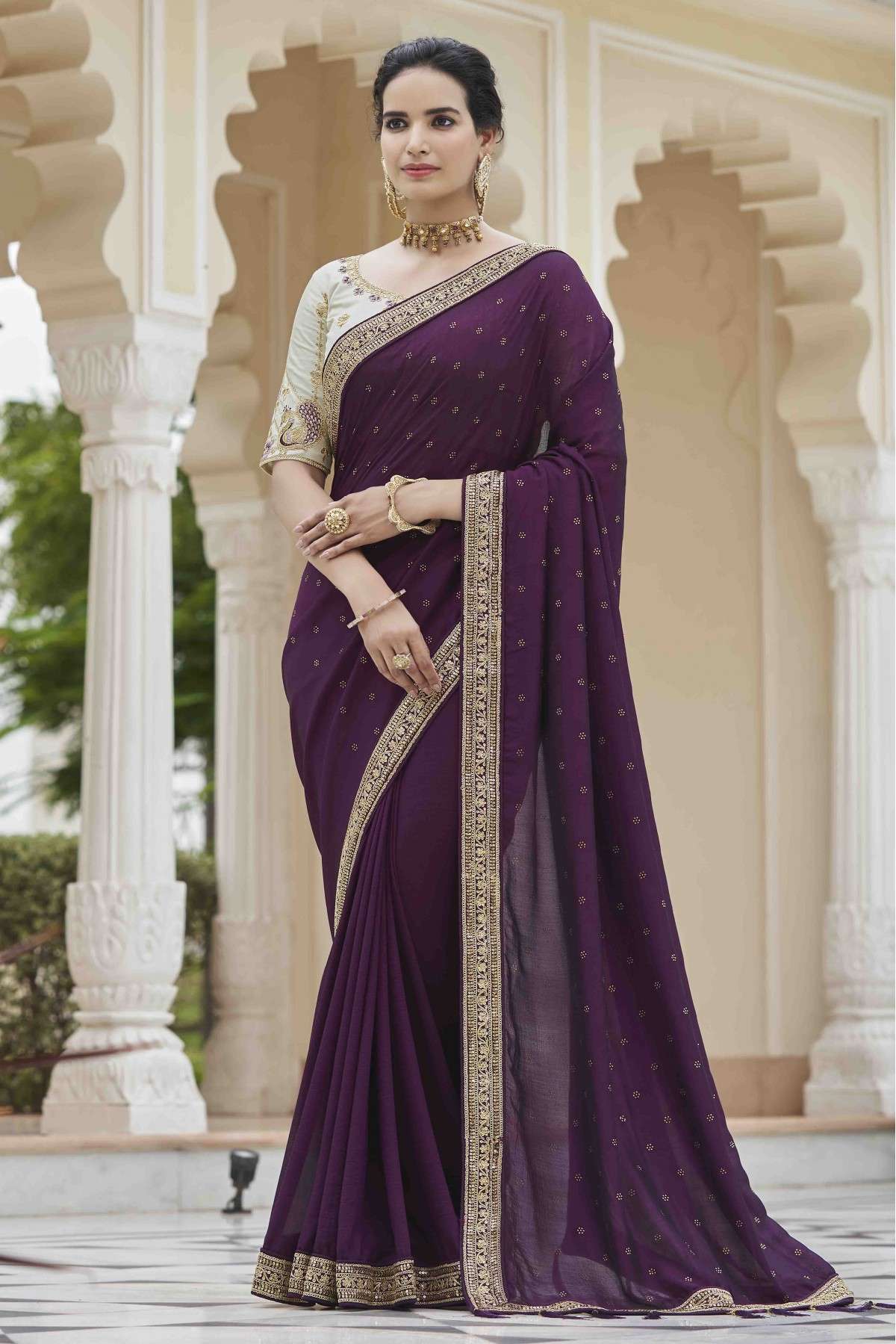 Vichitra Silk Swarovski Work Saree In Purple Colour - SR5010102