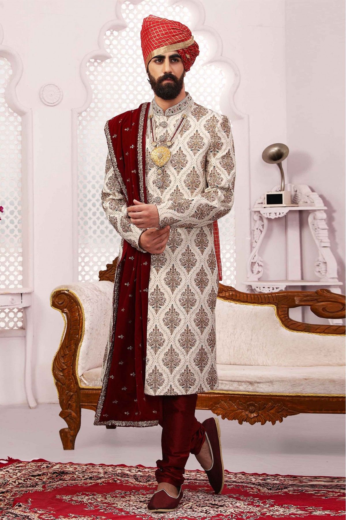 Banarasi Silk Embroidery Sherwani In Cream Colour - SH5412798