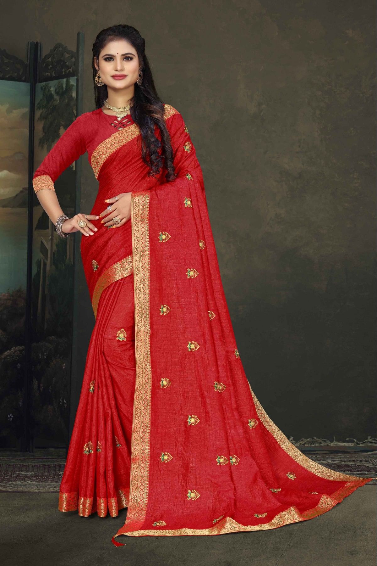 Vichitra Silk Embroidery Saree In Red Colour - SR0065165