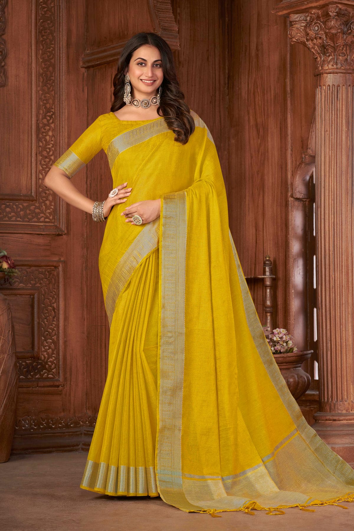 Women Fancy Semi Jute Embroidery Work Saree with Blouse - TCS - Online -  The Chennai Silks