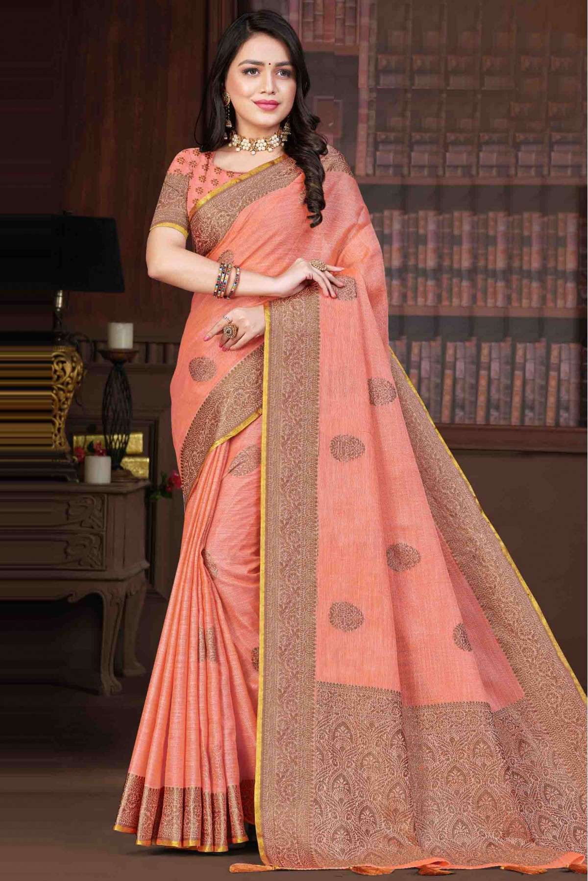 Linen Woven Saree In Peach Colour - SR0074753