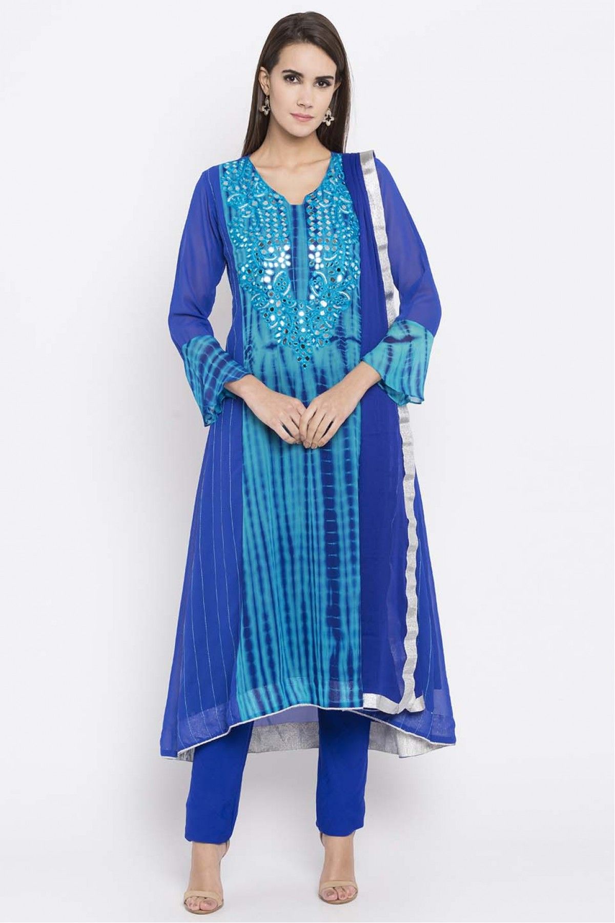 Plus Size Stitched Faux Georgette Embroidery Pant Style Suit In Blue Colour
