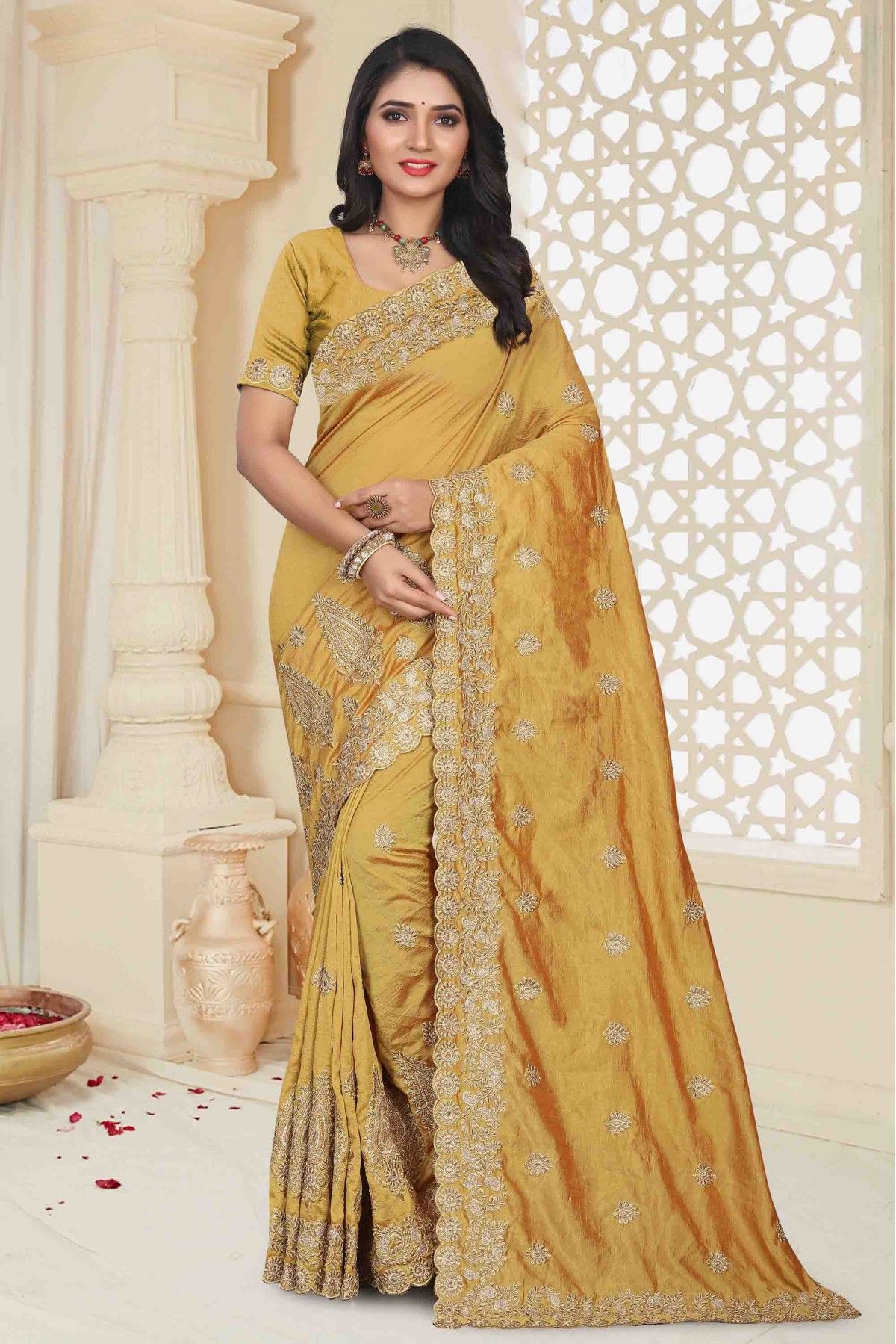 Party Wear Golden Colour Saree 2024