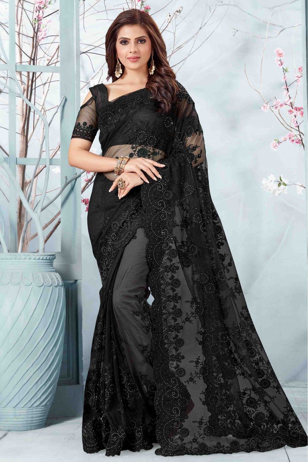 BLACK Color Designer Mono Net Fancy Chain Stitch Stone Hand Work Wedding  Wear Saree Blouse, Blouse For Black Saree