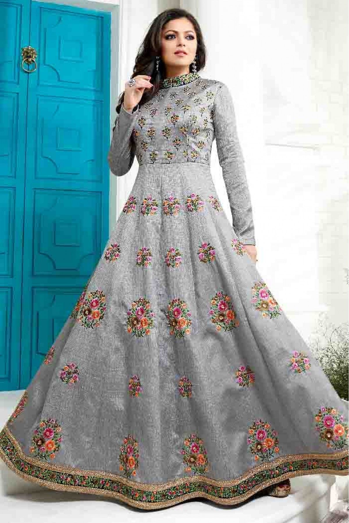 Buy Solid Grey Anarkali Suit Set With Hand Painted Organza Dupatta by  PHEETA at Ogaan Market Online Shopping Site