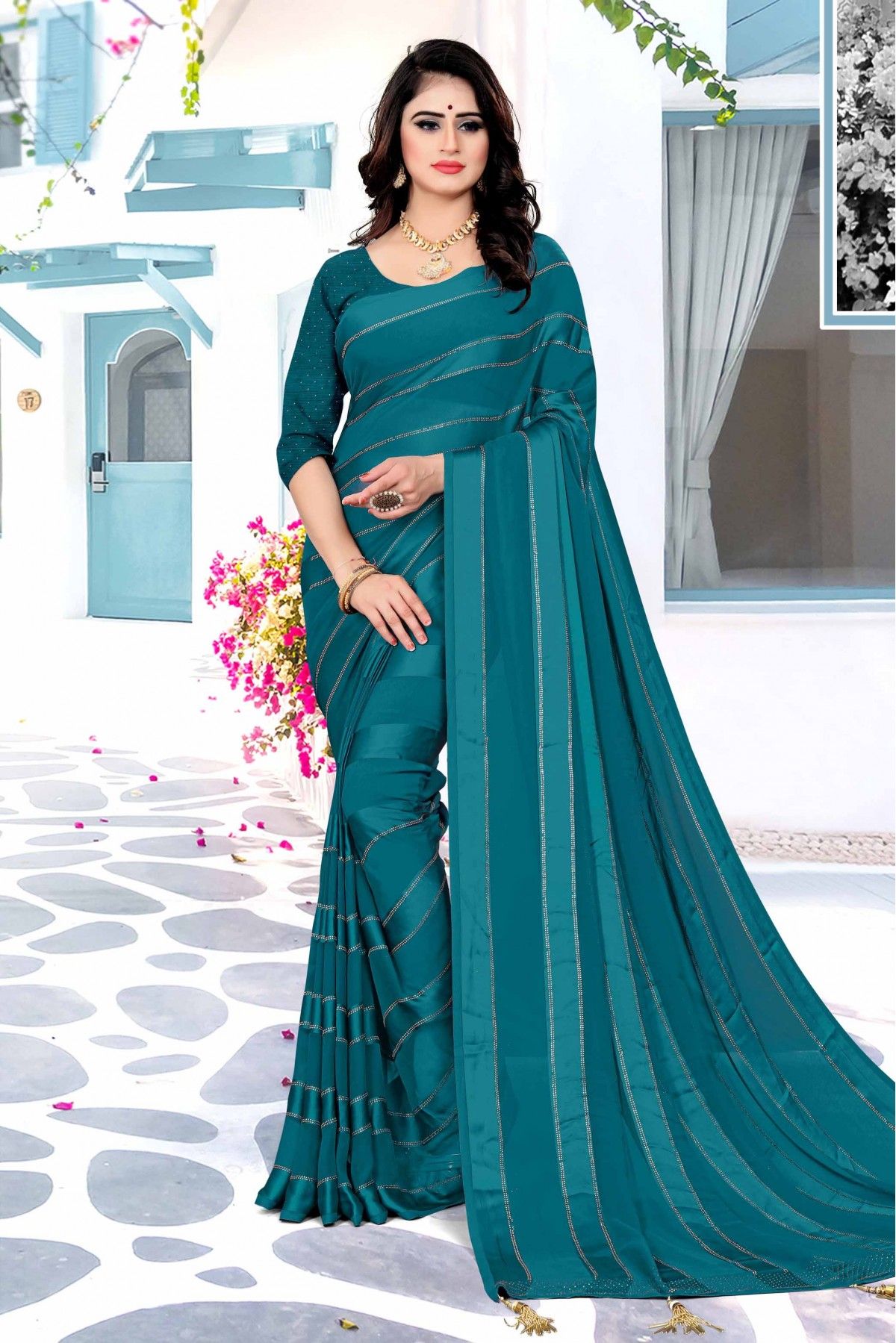 Teal Blue Embroidered Georgette Saree | Party wear sarees, Georgette sarees,  Saree