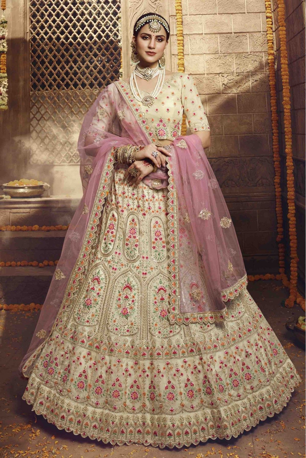 Women Off White Georgette Wedding Lehenga Choli -Inddus.in