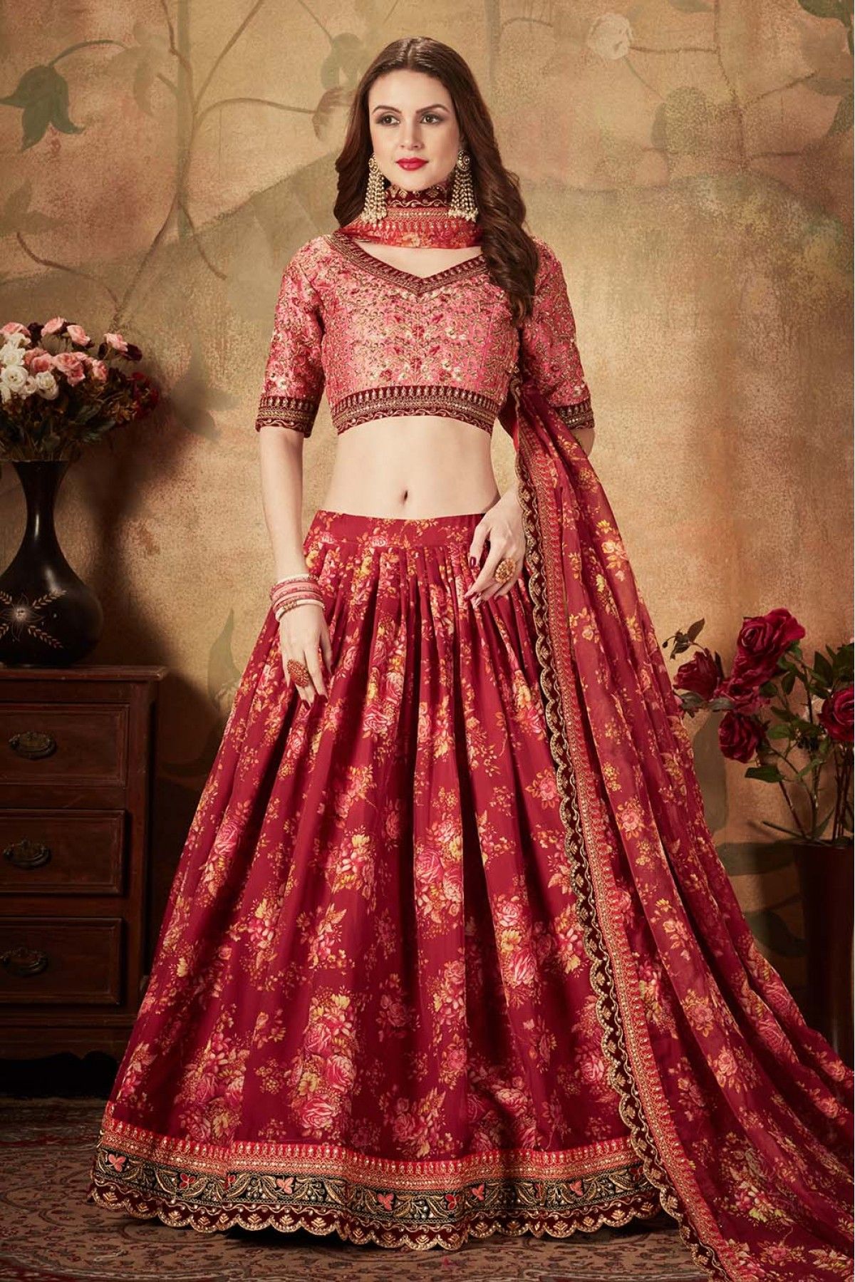 Buy Wine Red Queenly Bridal Lehenga In Velvet With Heavy Floral Embroidery  - NOOR 2022 KALKI Fashion India