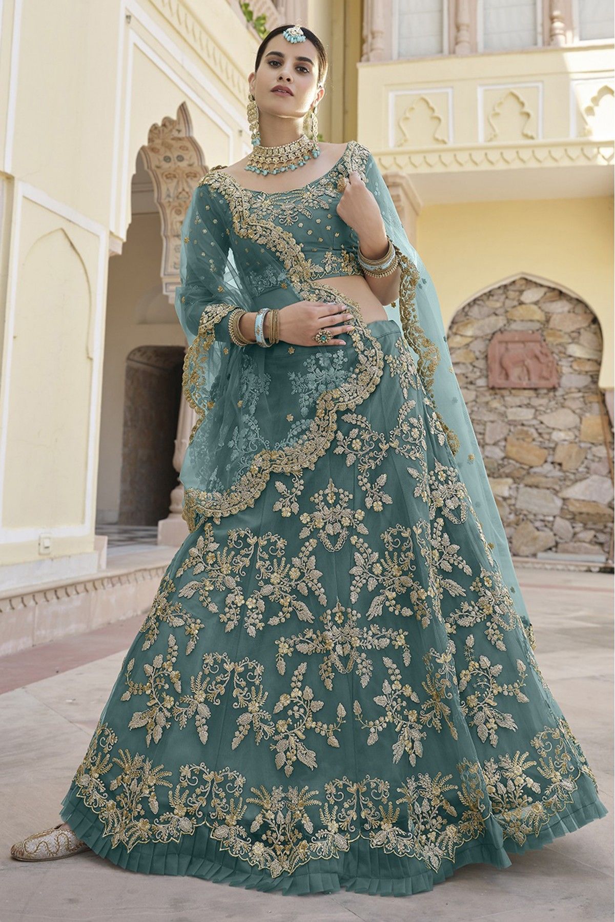 Net Embroidery Lehenga Choli In Dark Green Colour - LD5680006