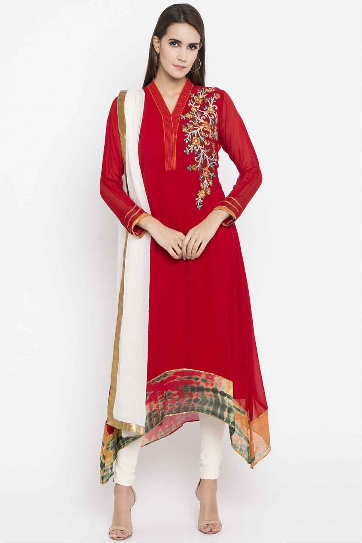 Plus Size Stitched Faux Georgette Embroidery Churidar Suit In Red Colour - SS2710411
