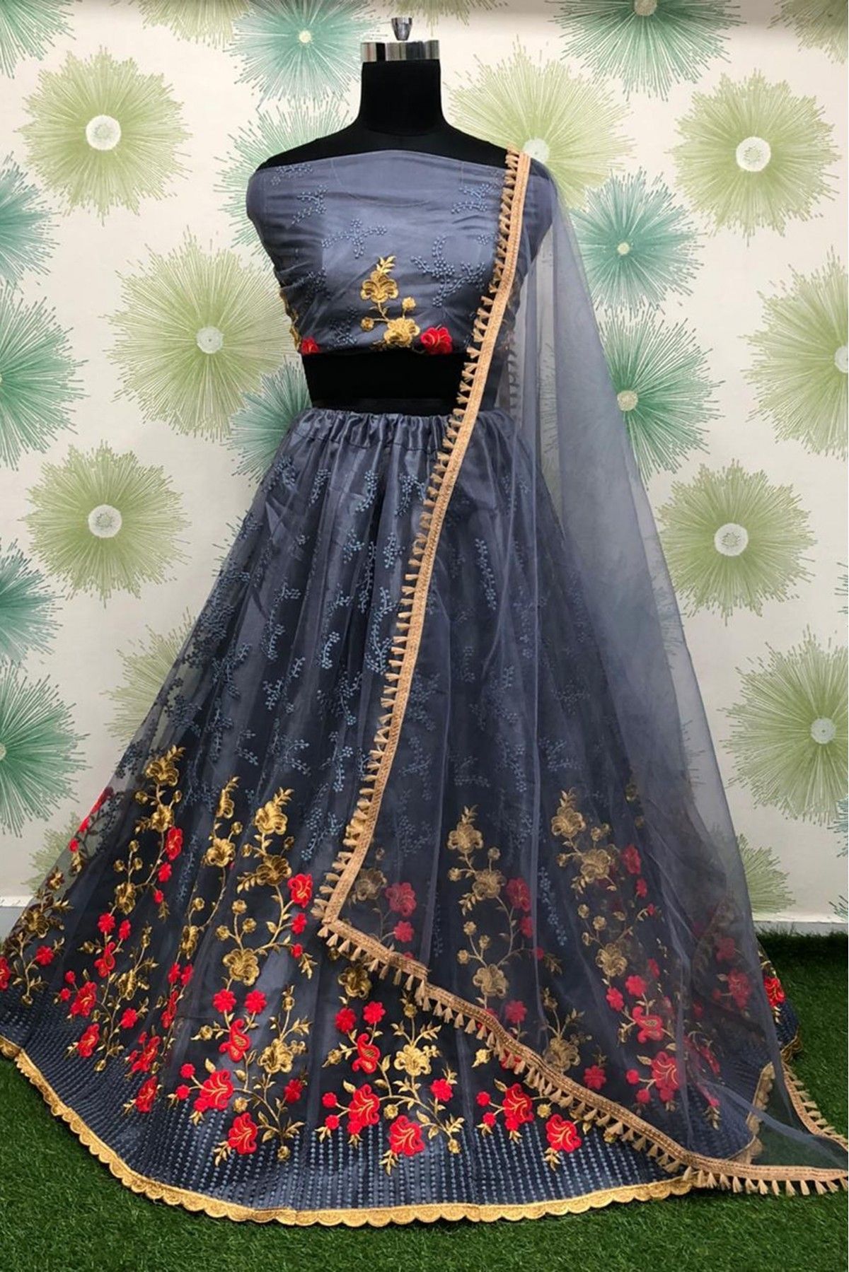 Net Embroidery Lehenga Choli In Grey Colour - LD4010174