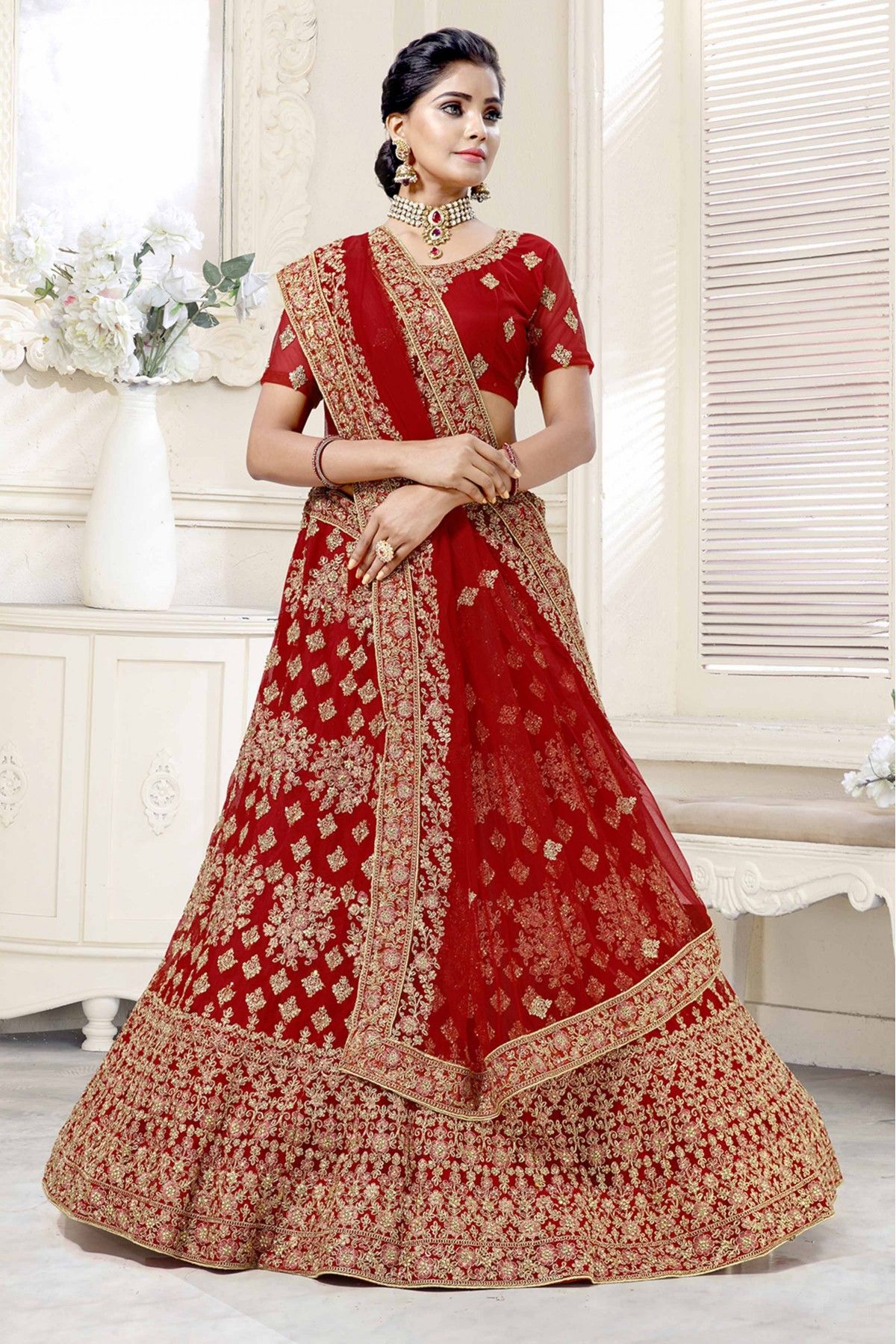 Net Embroidery Lehenga Choli In Red Colour - LD5411769