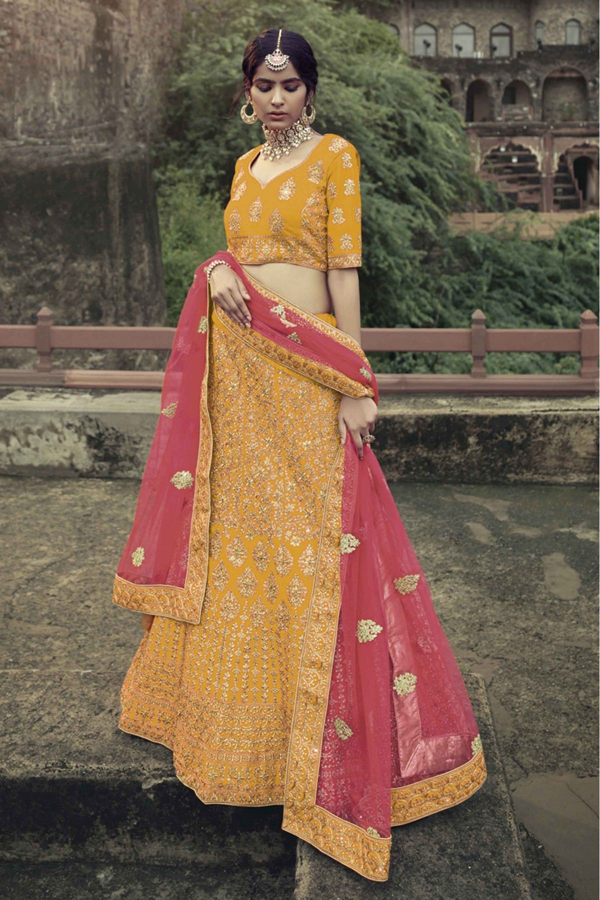 Satin Thread Work Lehenga Choli In Yellow Colour - LD4900741