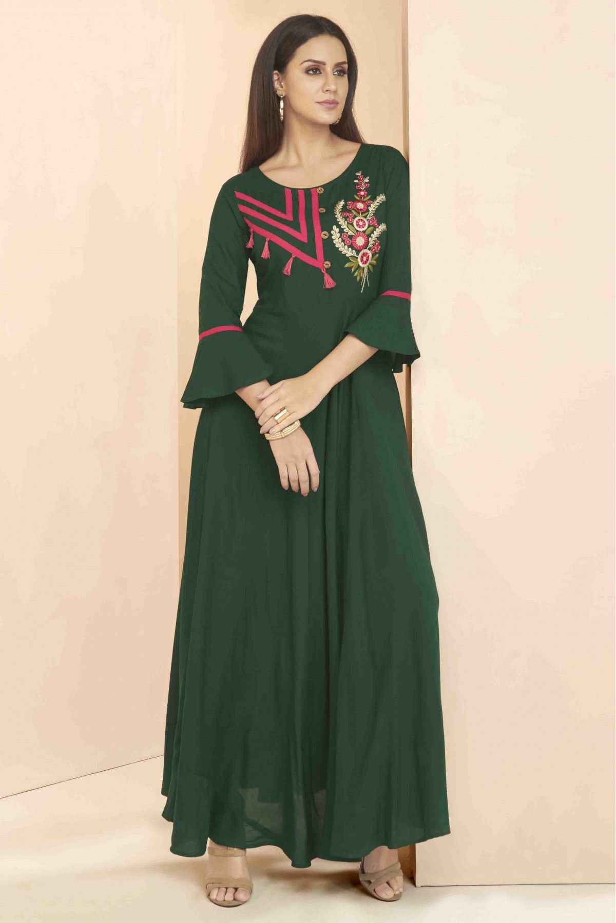 Rayon Embroidery Kurti In Green Colour - KR1352850