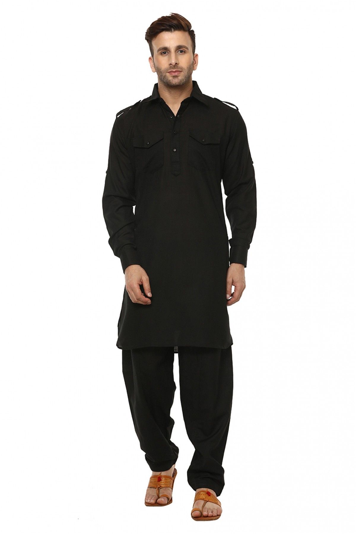 Fancy Pattern Fancy Fabric Grey With Black Pathani Suit/Kurta - Zakarto