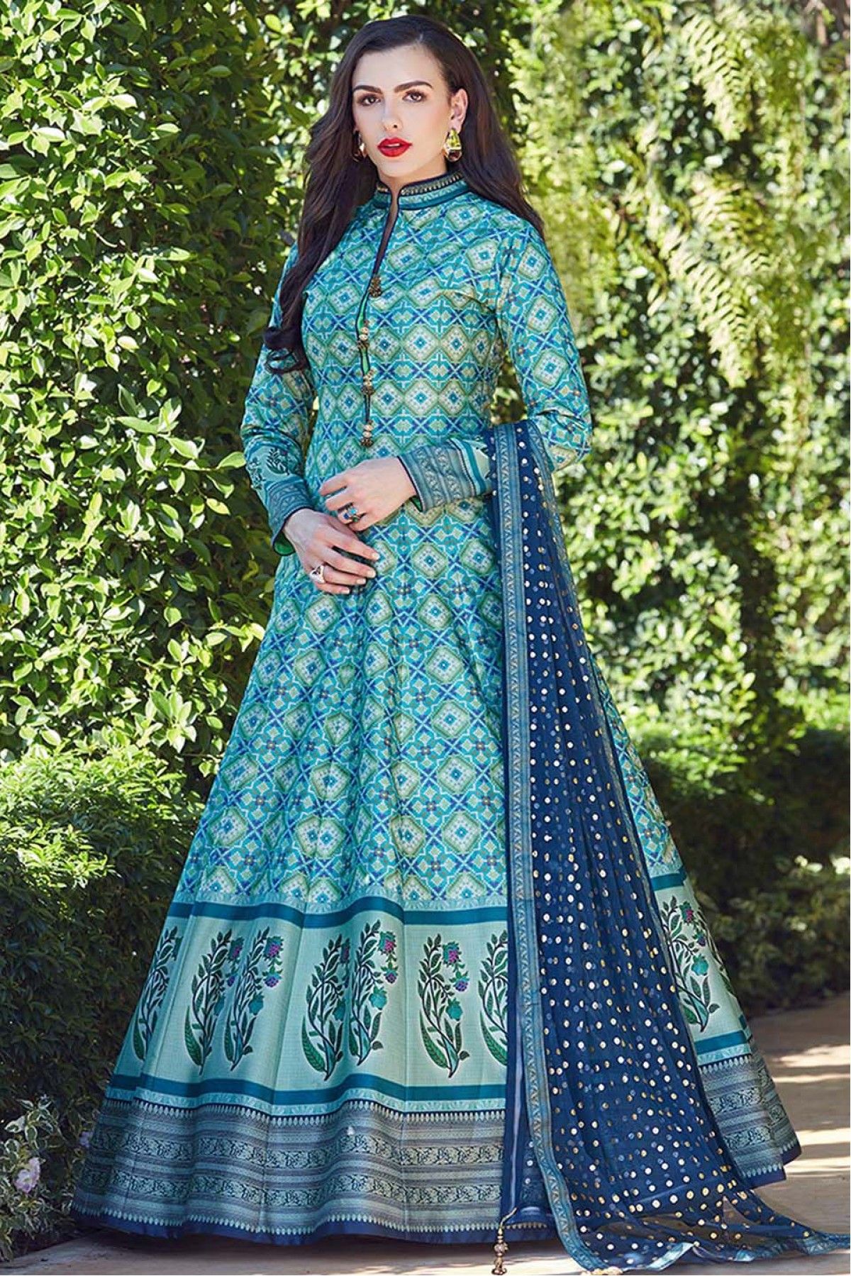 Plus Size Soft Silk Digital Print Gown In Blue Colour