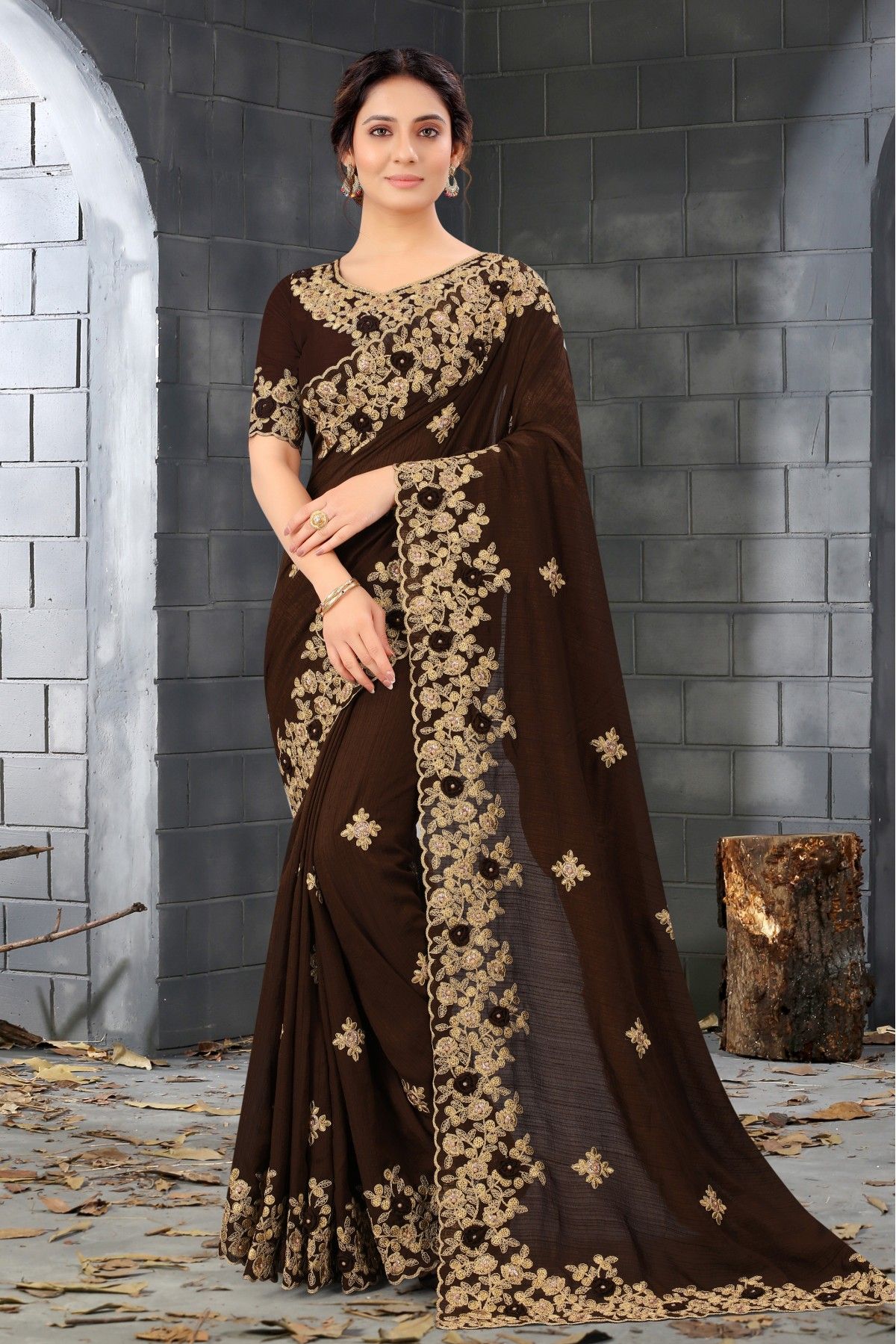 Silk Embroidery Saree In Brown Colour - SR1543223