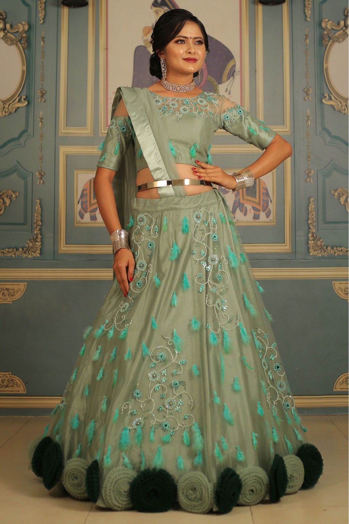 Light Sea Green Designer Heavy Embroidered Wedding Lehenga