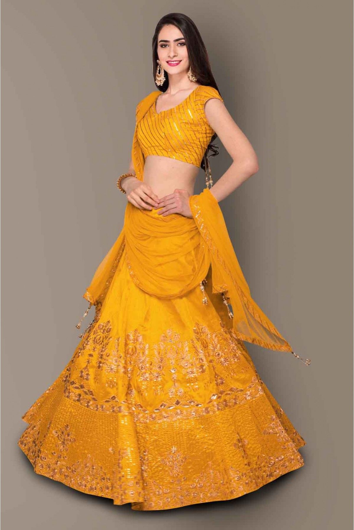 Banglory Silk Embroidery Lehenga Choli In Yellow Colour
