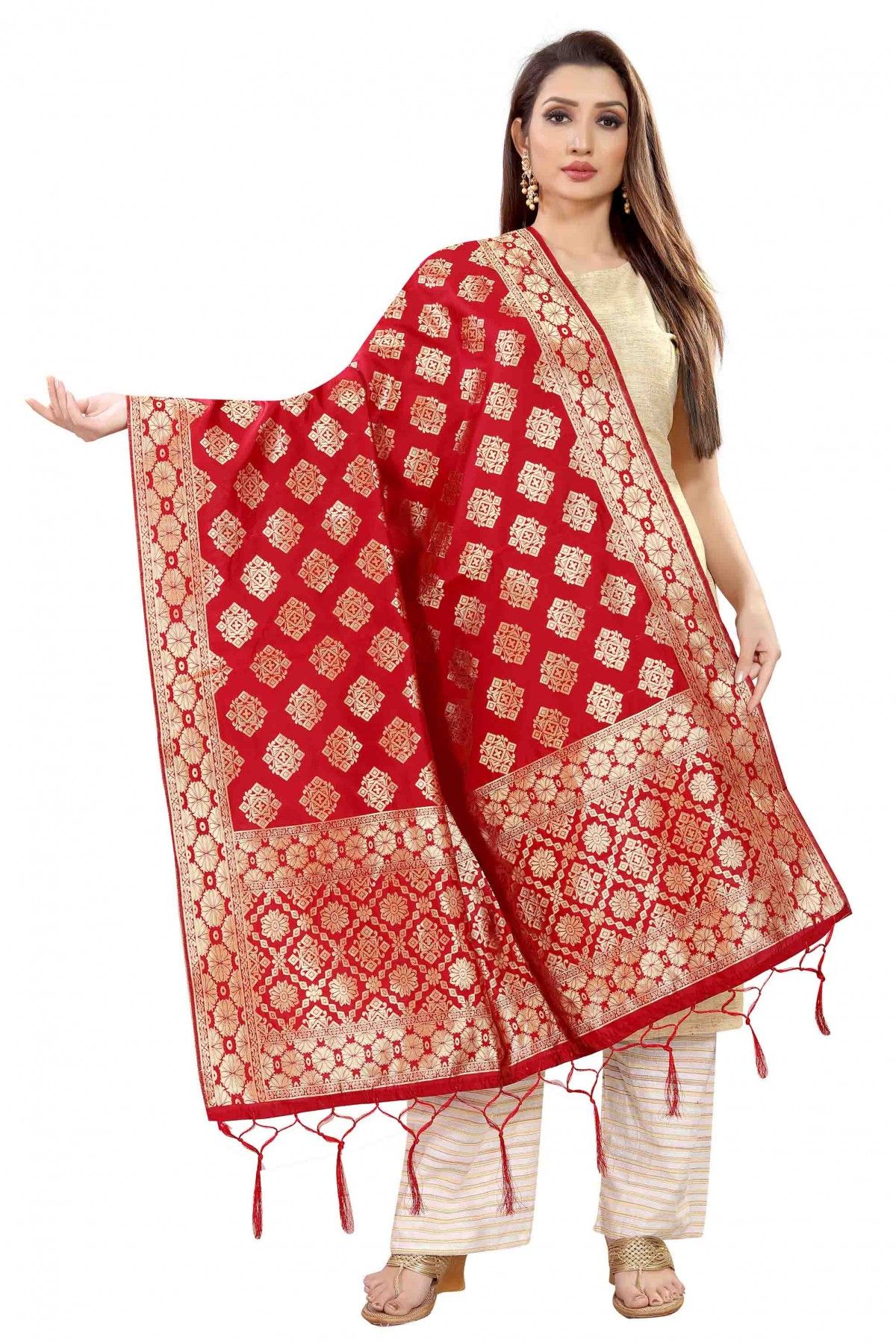 Banarasi Silk Woven Dupatta In Red Colour - DU1354370