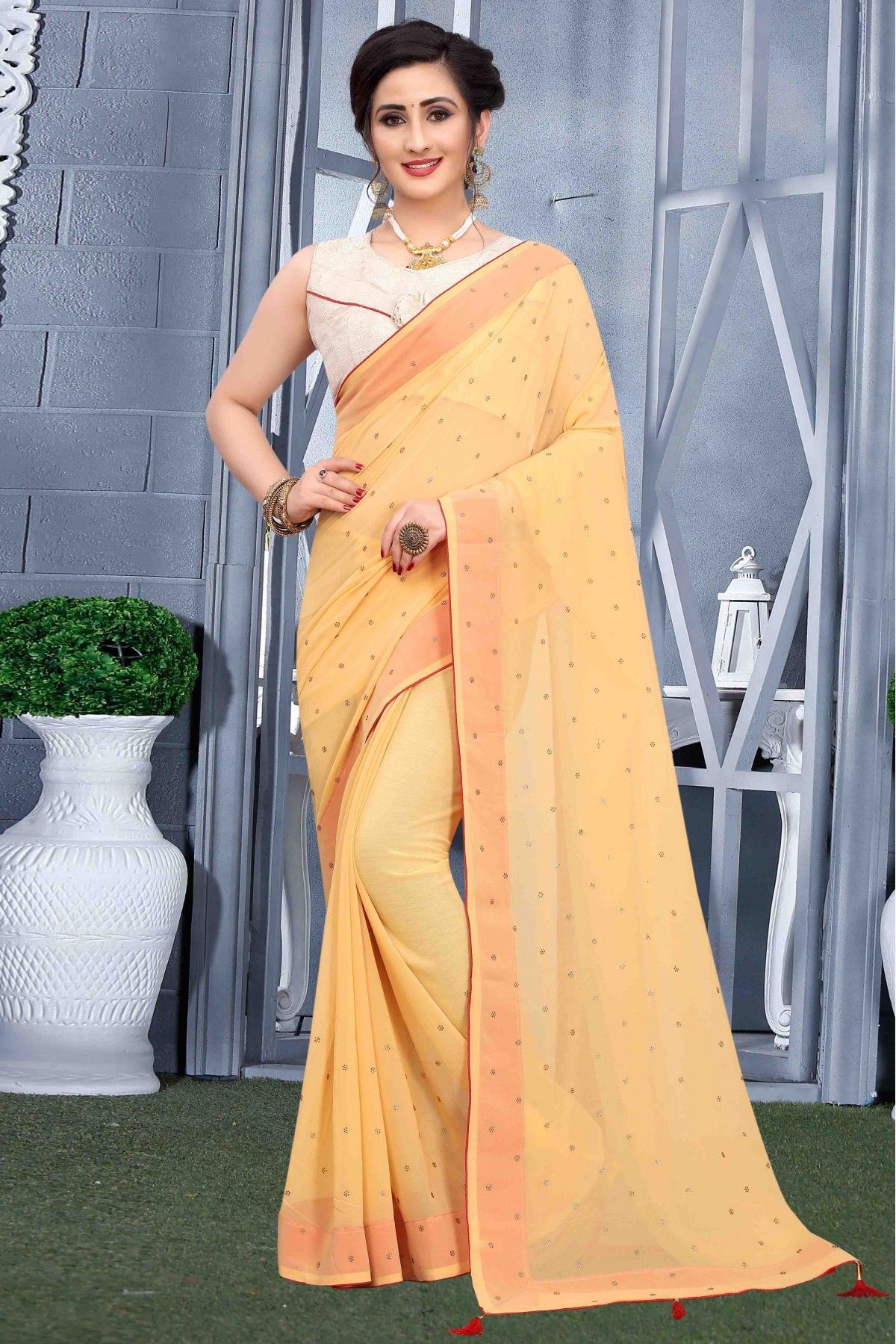 Buy FASHION U Women's Lycra Foil Print Beige Saree With Blouse Piece (RAMA)  at Amazon.in