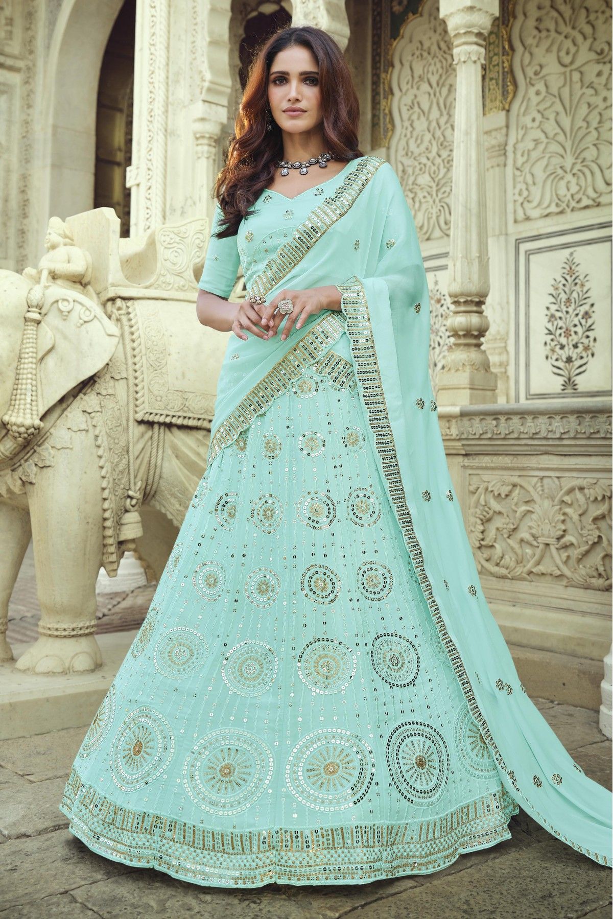 Buy Blue Sequins Work Pure Georgette Ready To Wear Lehenga Choli Online