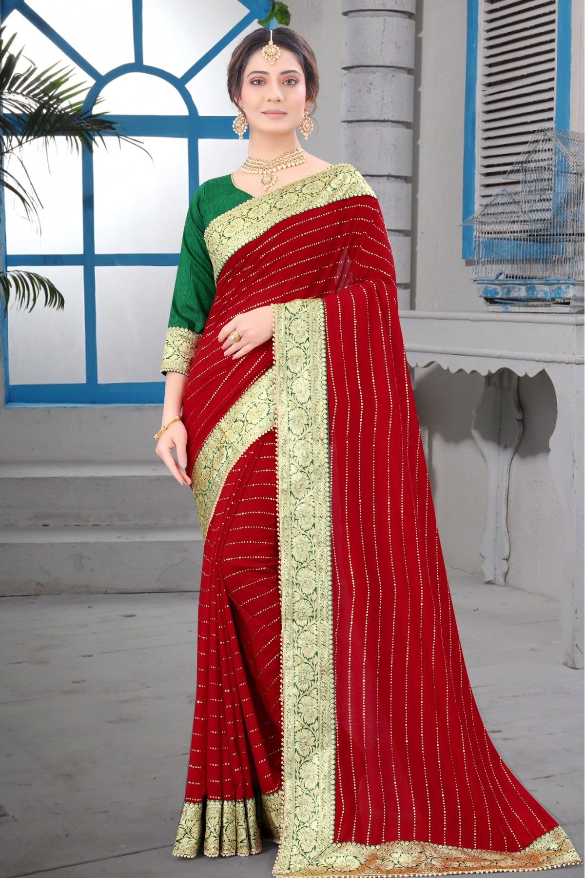 Vichitra Silk Embroidery Saree In Bottle Green Colour