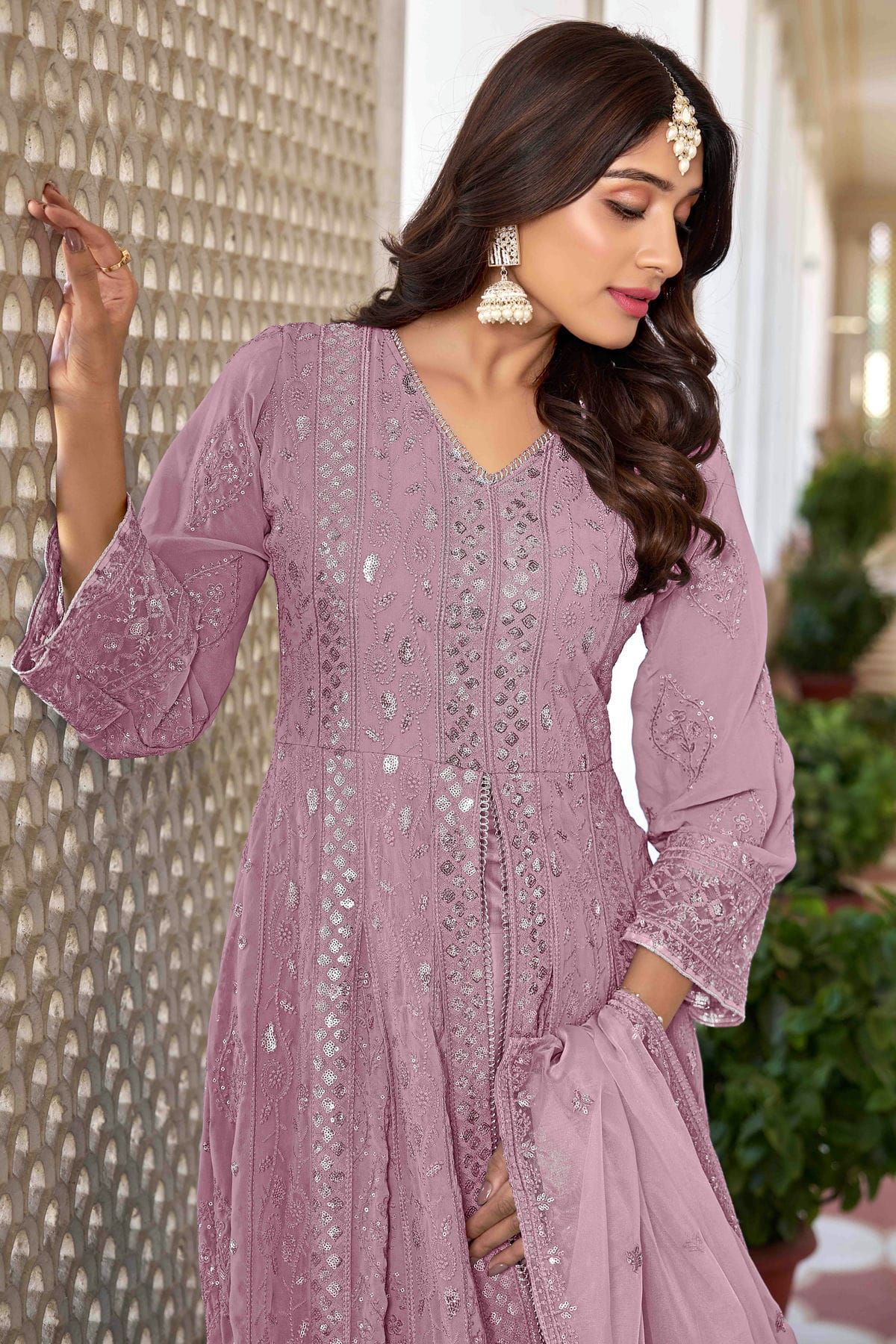 Faux Georgette Pink Embroidered Pant Style Suit