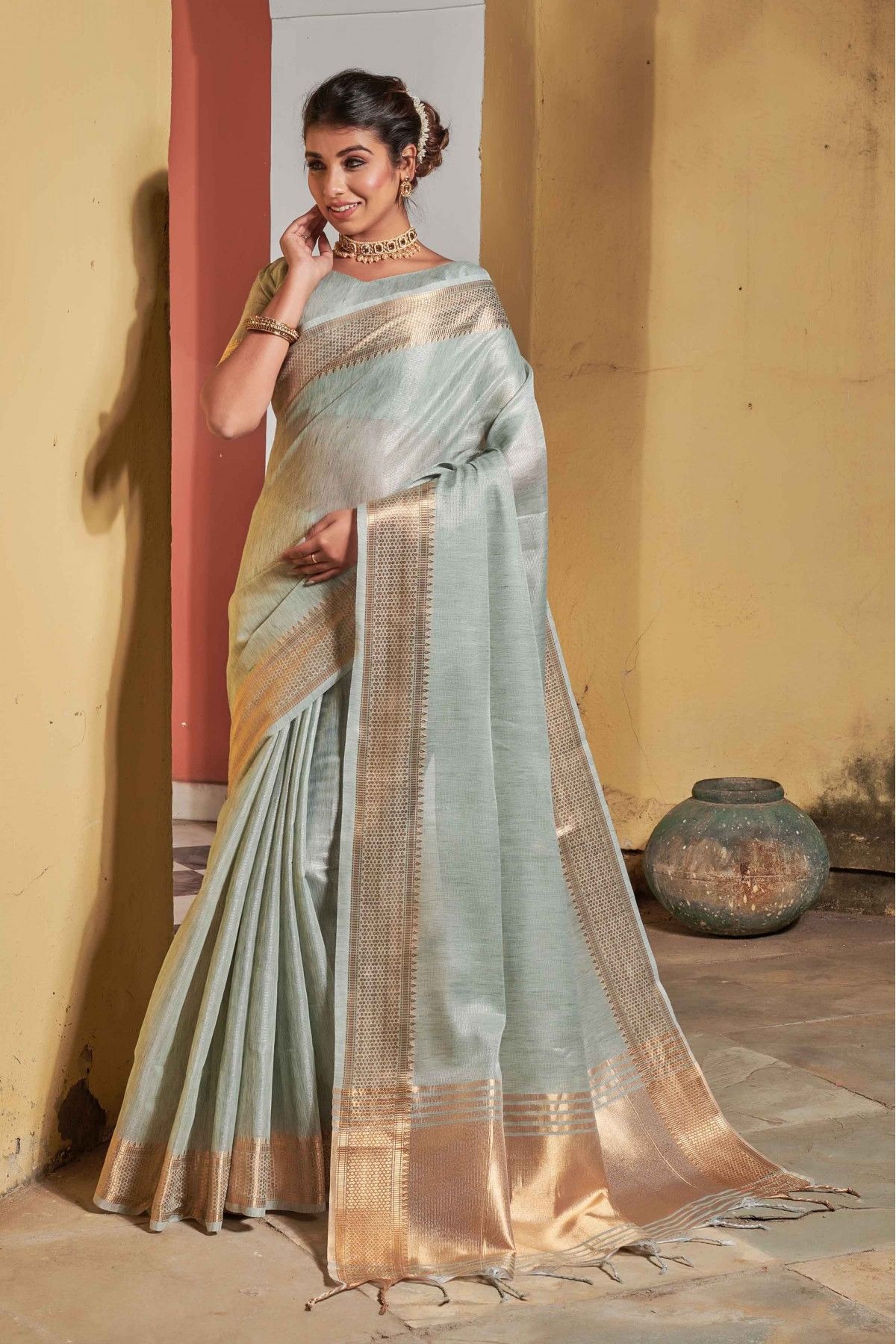 Light Teal Handcrafted Patola Silk Saree with Zari Work