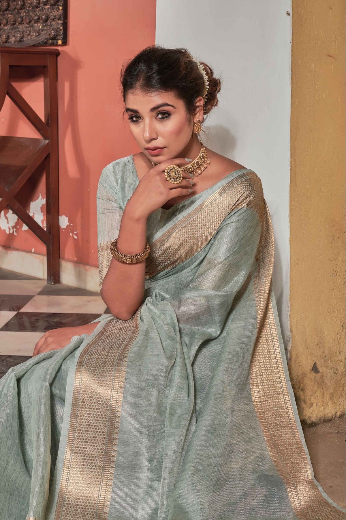 Silk Saree with blouse in Light green colour 1465