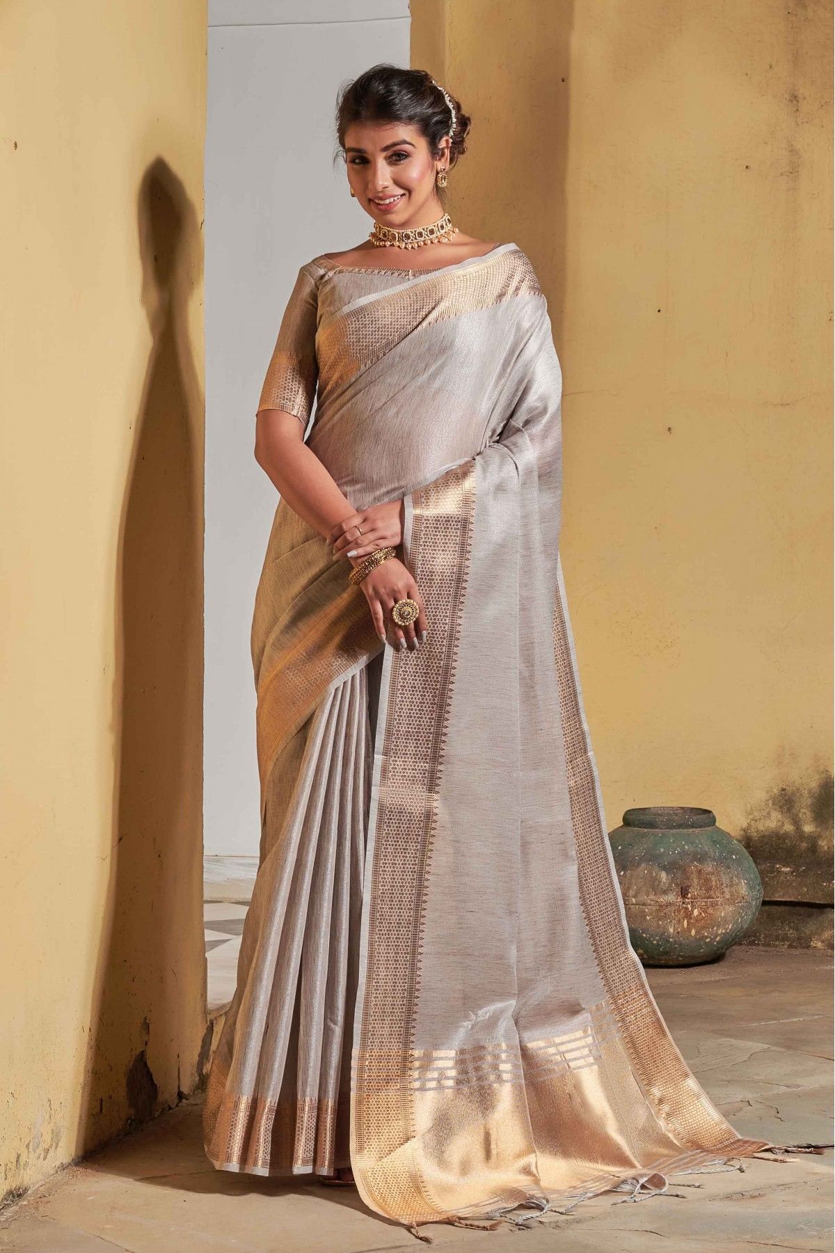 Vishal Prints Light Grey Designer Chiffon Saree