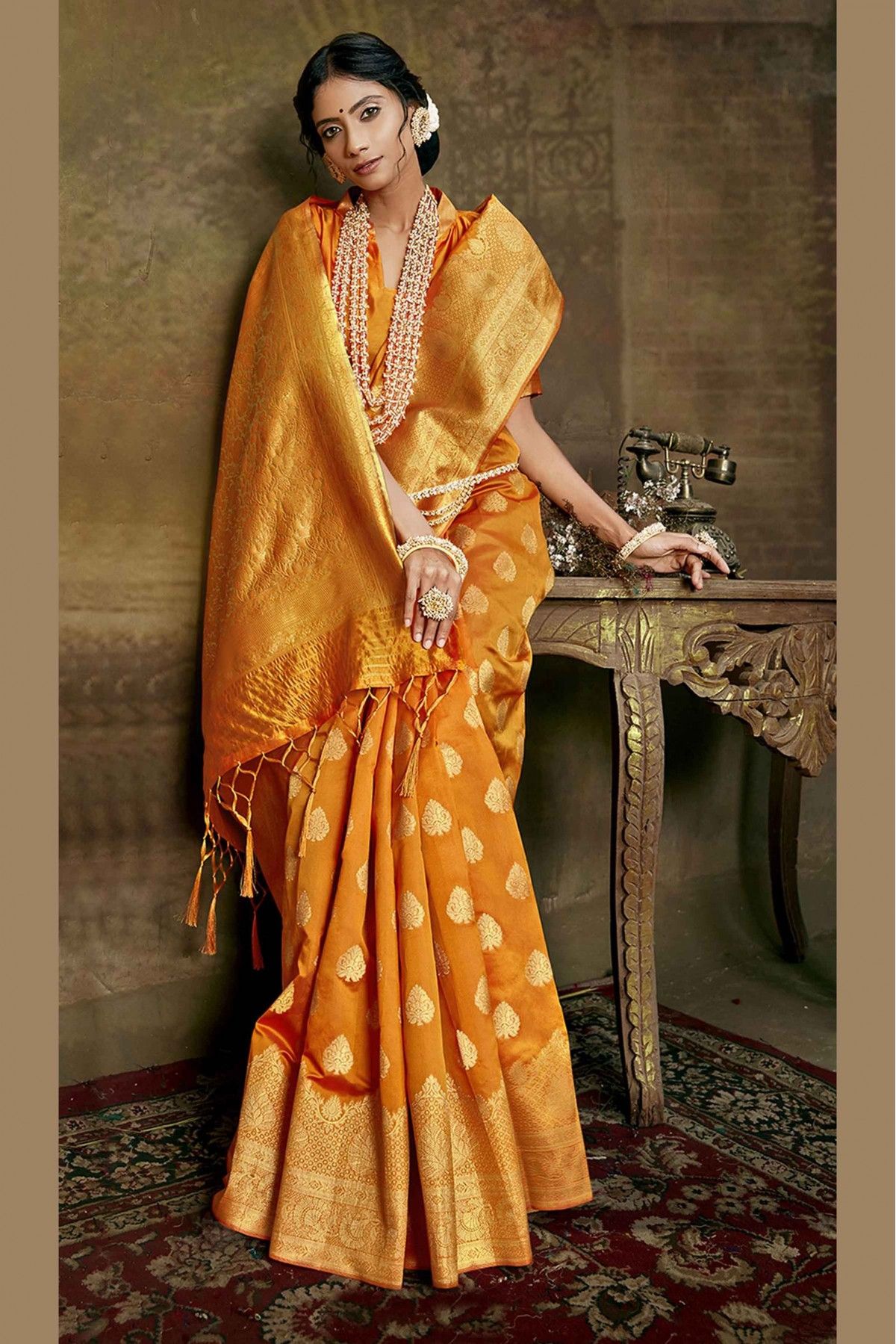 Mustard Yellow Color Silk Fabric Half And Half Silk Weave Saree