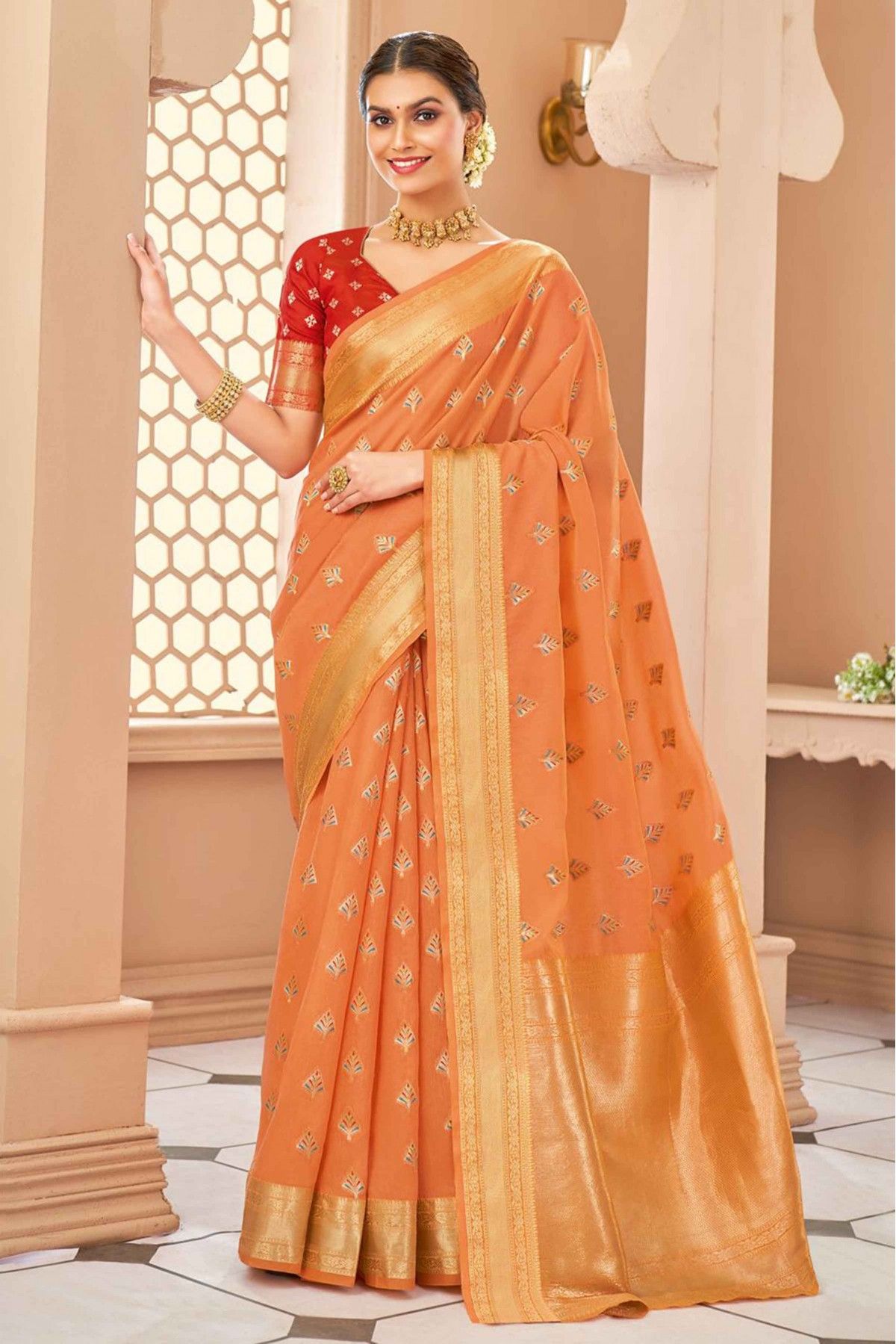 Light Orange Banarasi Dola Silk Saree - Urban Womania