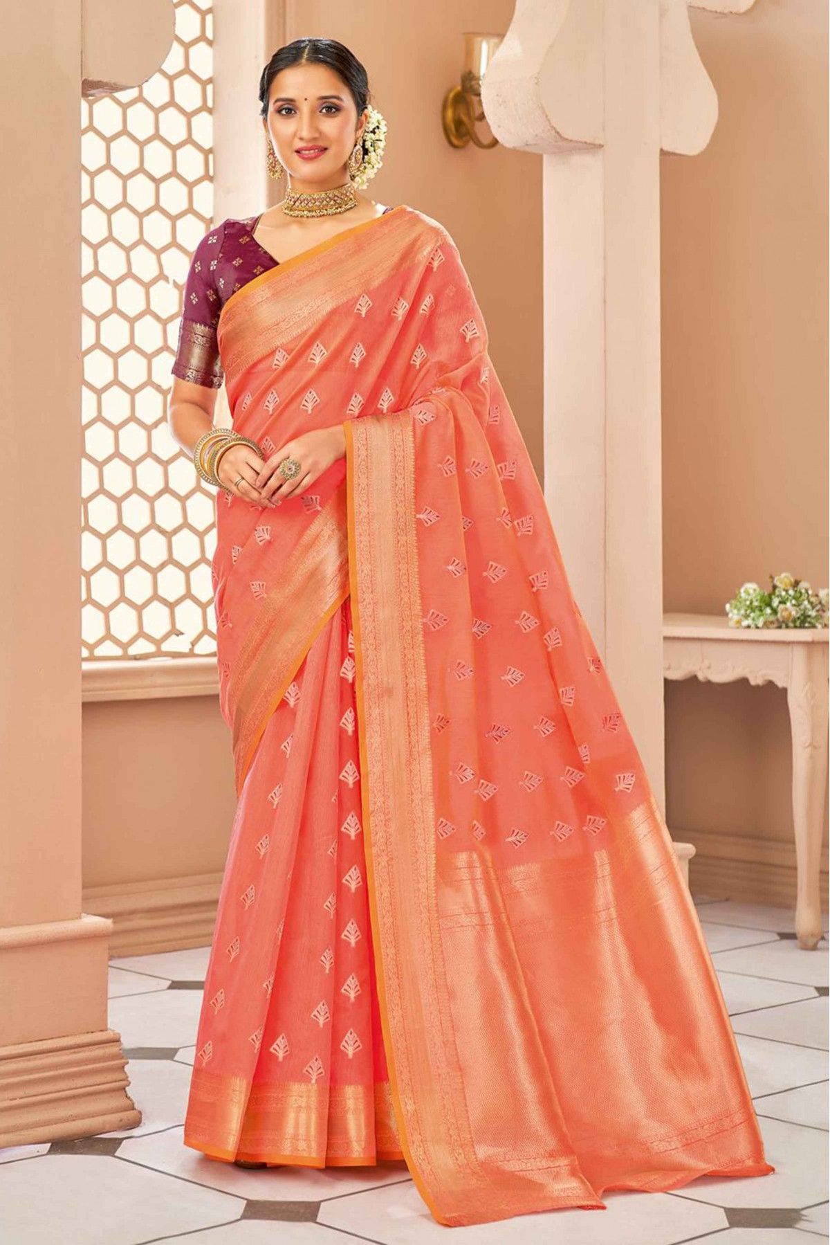 Light Peach Color Banarasi Silk Festive Wear Woven Saree - Hirpara House -  3748206