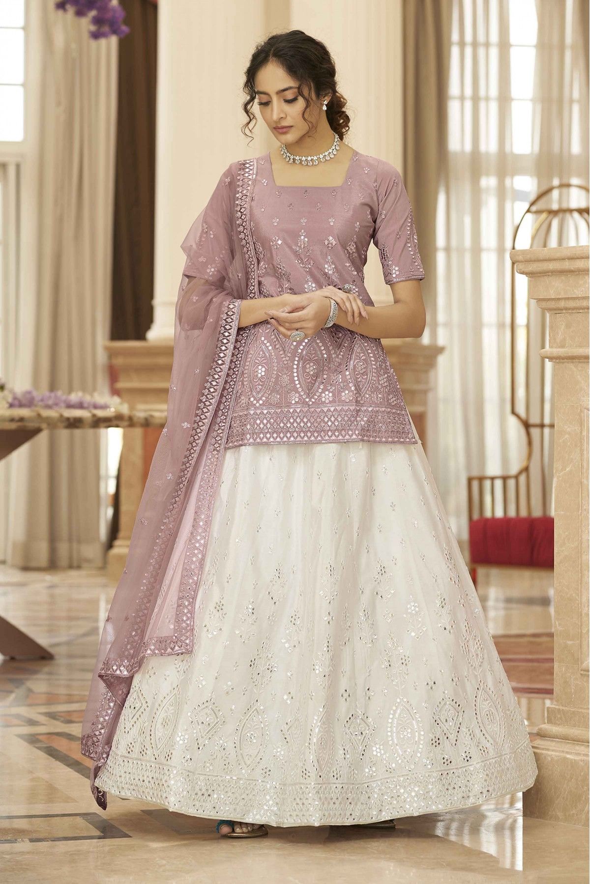 Chiffon Embroidery Lehenga Suit In Dusty Pink Colour - SM3210932