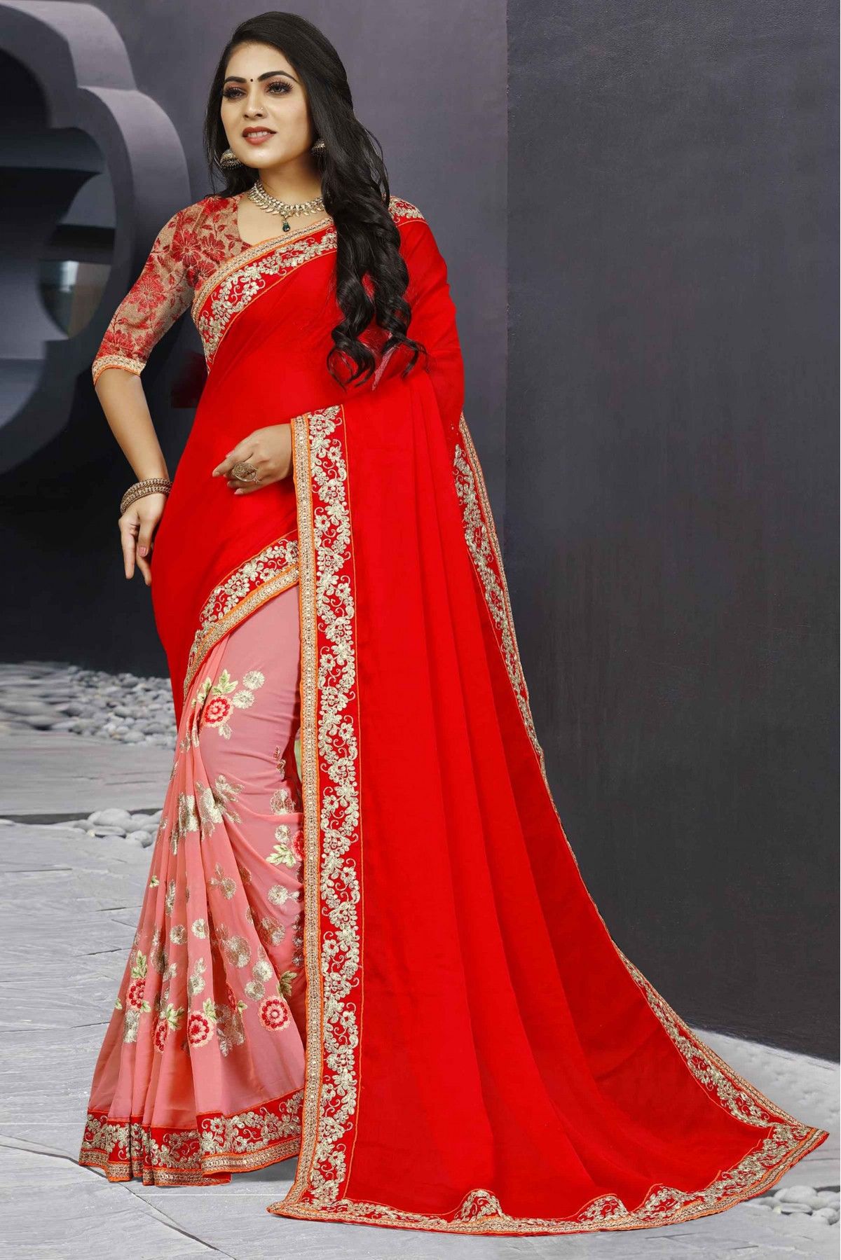 Red Chiffon Digital Printed Saree|SARV133748