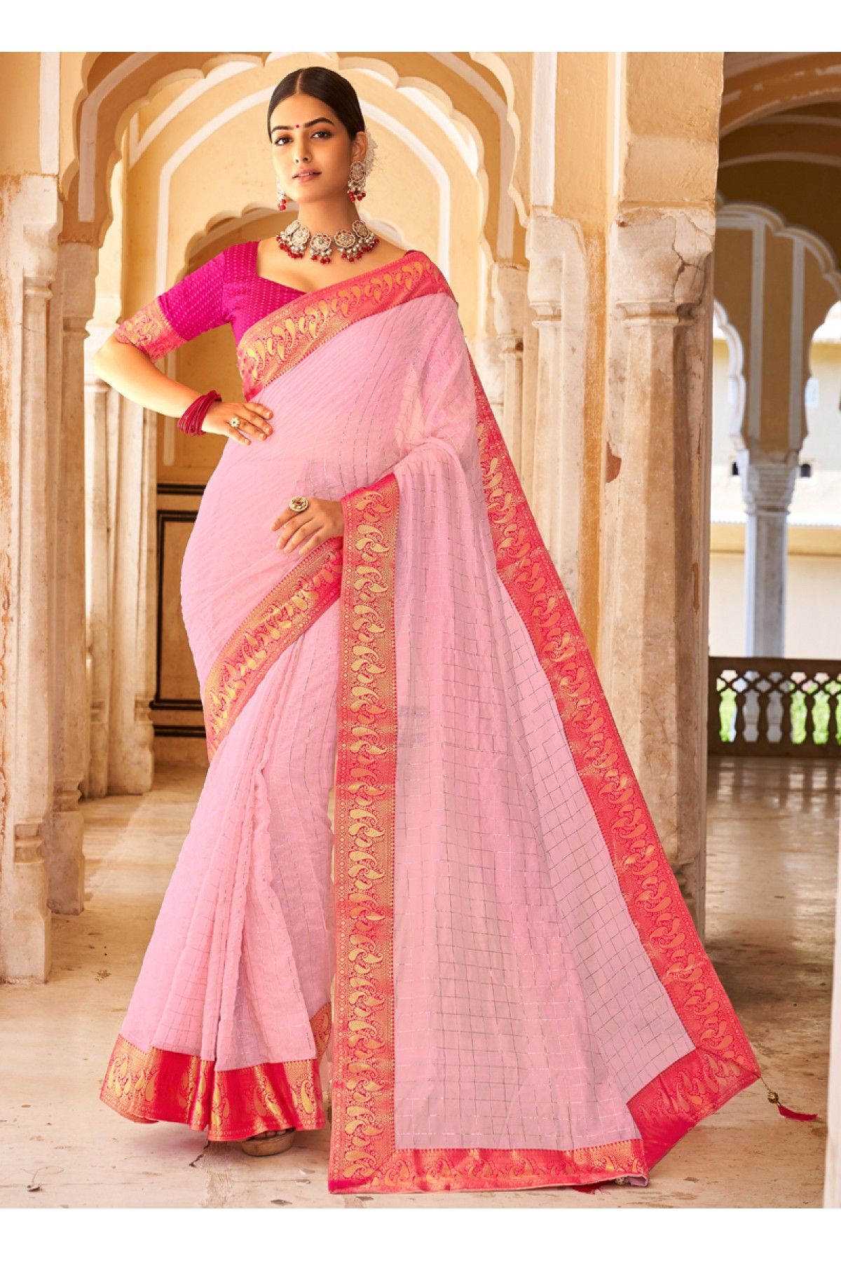 Kalyani cotton saree magenta pink and blue with thread woven