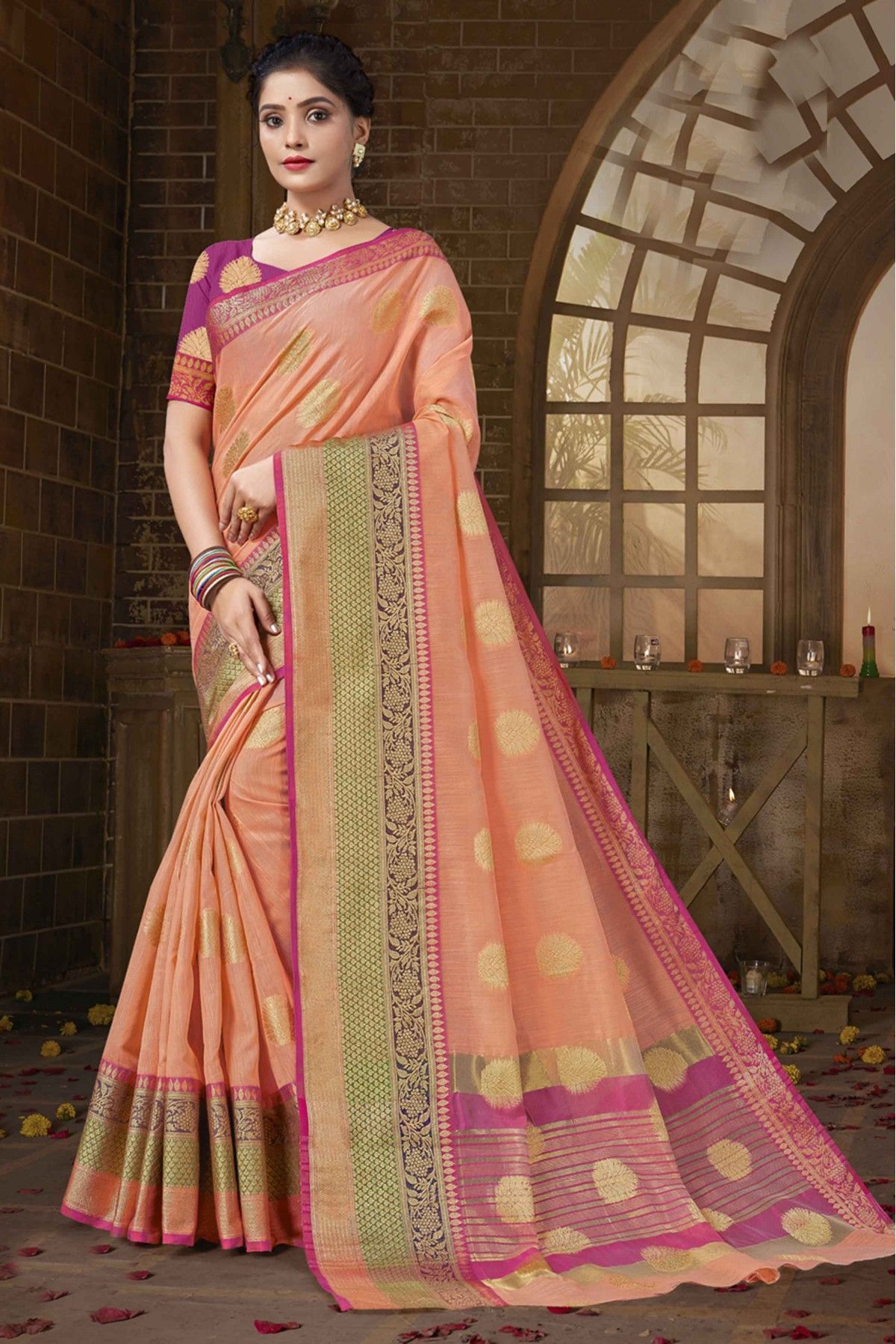 Bengal Handloom Cotton Baluchari Saree in Peach, Steel Grey and Off Wh –  Bengal Looms India