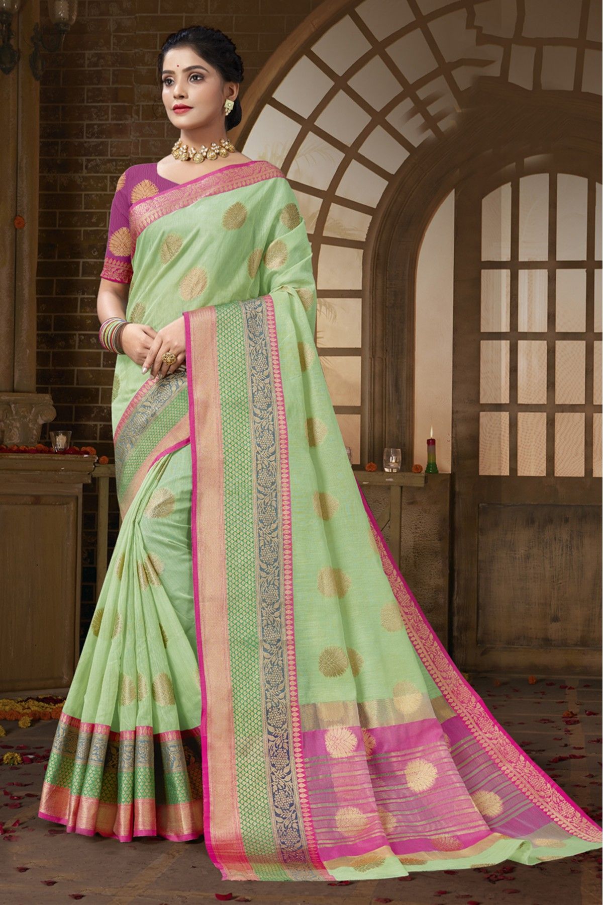 Pista Green Self Woven Plain Cotton Saree