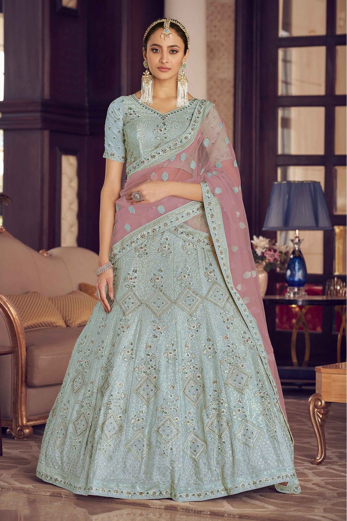 Soft Net Sequins Work Lehenga Choli In Pista Green Colour - LD4900664